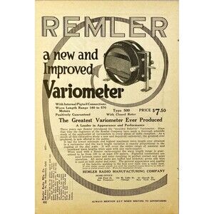 Remler Radio Mftg Co "New Improved Variometer only $7.50" Vintage Print Ad 1923